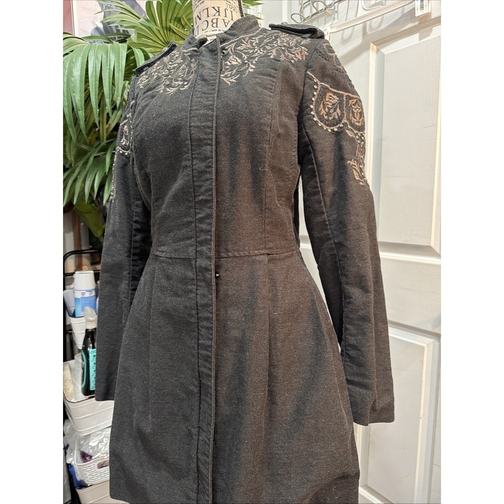 Free People Women's Gray Embroidered Studded Embellished Sargent Coat Size 2